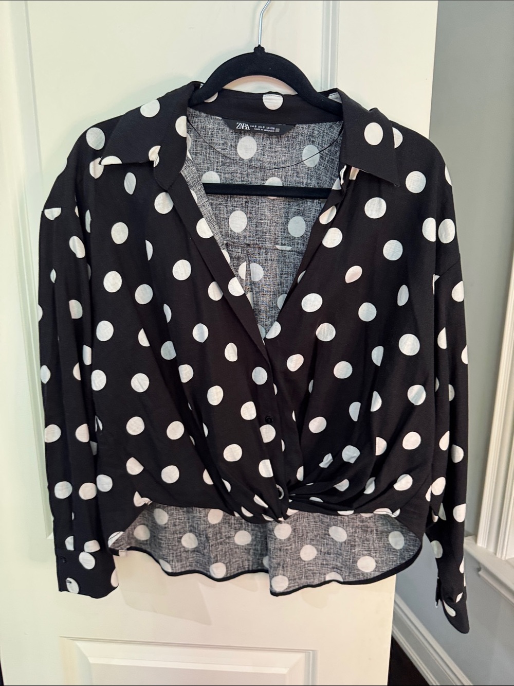 Zara Black and White Polka Dot Twist-Front Button Down